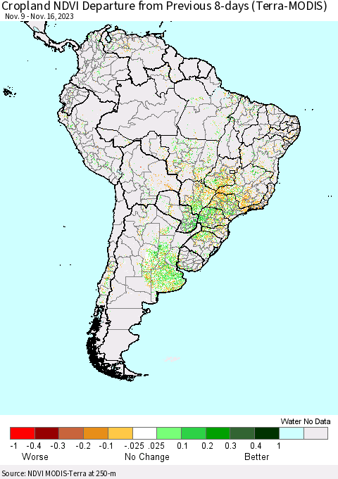 South America Cropland NDVI Departure from Previous 8-days (Terra-MODIS) Thematic Map For 11/9/2023 - 11/16/2023