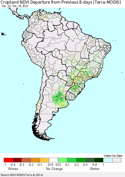 South America Cropland NDVI Departure from Previous 8-days (Terra-MODIS) Thematic Map For 12/19/2023 - 12/26/2023