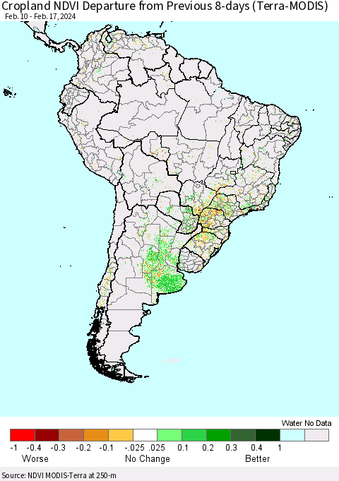 South America Cropland NDVI Departure from Previous 8-days (Terra-MODIS) Thematic Map For 2/10/2024 - 2/17/2024