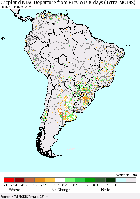South America Cropland NDVI Departure from Previous 8-days (Terra-MODIS) Thematic Map For 3/21/2024 - 3/28/2024