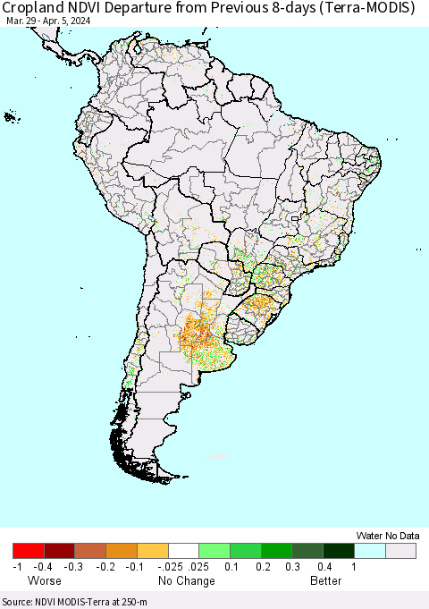 South America Cropland NDVI Departure from Previous 8-days (Terra-MODIS) Thematic Map For 3/29/2024 - 4/5/2024