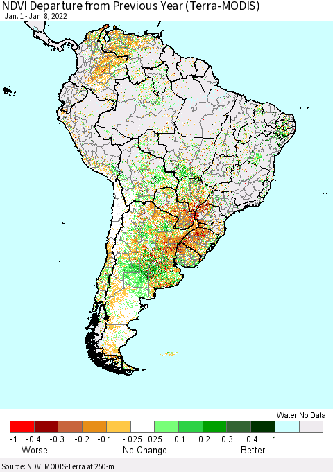 South America NDVI Departure from Previous Year (Terra-MODIS) Thematic Map For 1/1/2022 - 1/8/2022