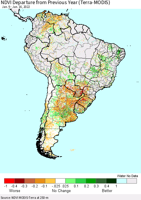 South America NDVI Departure from Previous Year (Terra-MODIS) Thematic Map For 1/9/2022 - 1/16/2022
