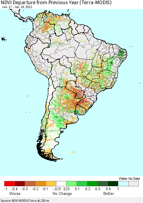 South America NDVI Departure from Previous Year (Terra-MODIS) Thematic Map For 1/17/2022 - 1/24/2022