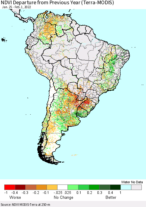 South America NDVI Departure from Previous Year (Terra-MODIS) Thematic Map For 1/25/2022 - 2/1/2022
