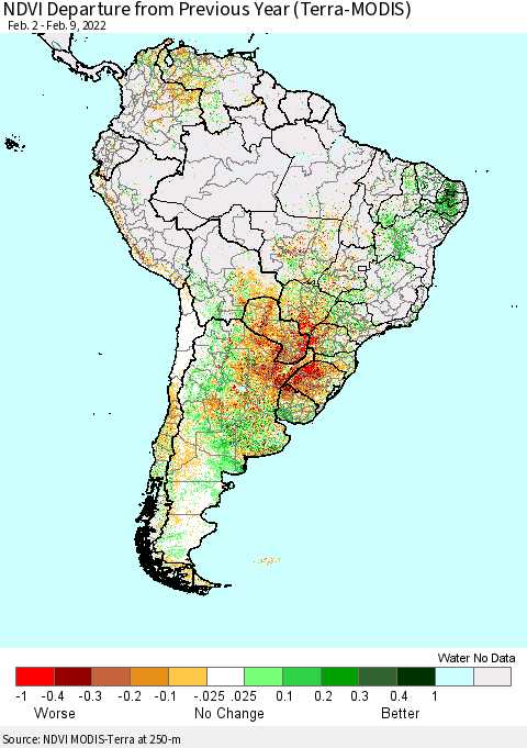 South America NDVI Departure from Previous Year (Terra-MODIS) Thematic Map For 2/2/2022 - 2/9/2022