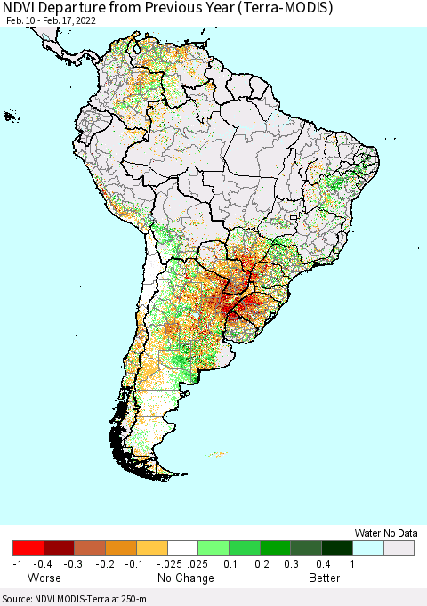 South America NDVI Departure from Previous Year (Terra-MODIS) Thematic Map For 2/10/2022 - 2/17/2022