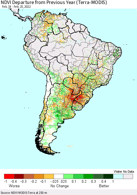 South America NDVI Departure from Previous Year (Terra-MODIS) Thematic Map For 2/18/2022 - 2/25/2022