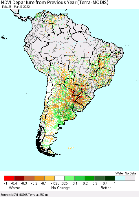 South America NDVI Departure from Previous Year (Terra-MODIS) Thematic Map For 2/26/2022 - 3/5/2022