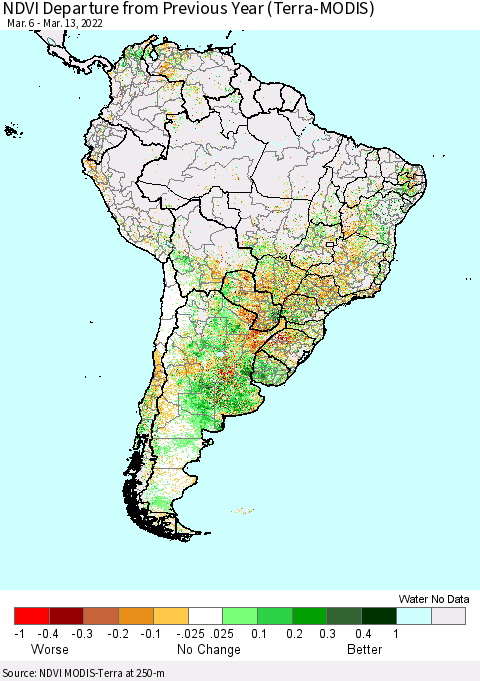 South America NDVI Departure from Previous Year (Terra-MODIS) Thematic Map For 3/6/2022 - 3/13/2022
