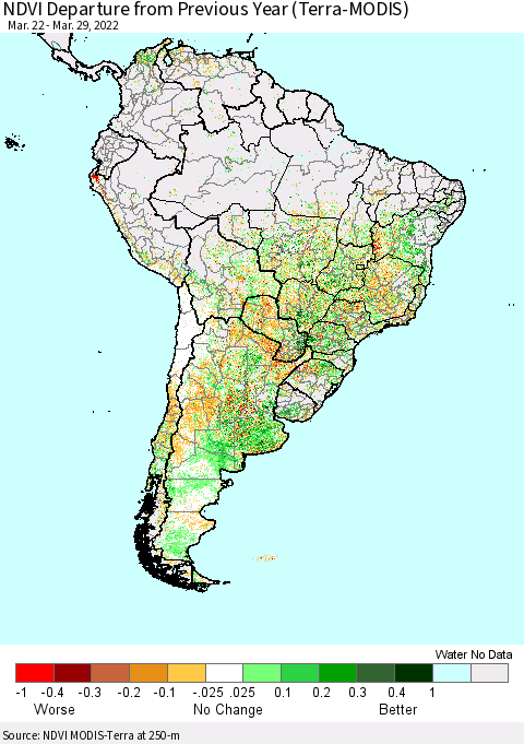 South America NDVI Departure from Previous Year (Terra-MODIS) Thematic Map For 3/22/2022 - 3/29/2022