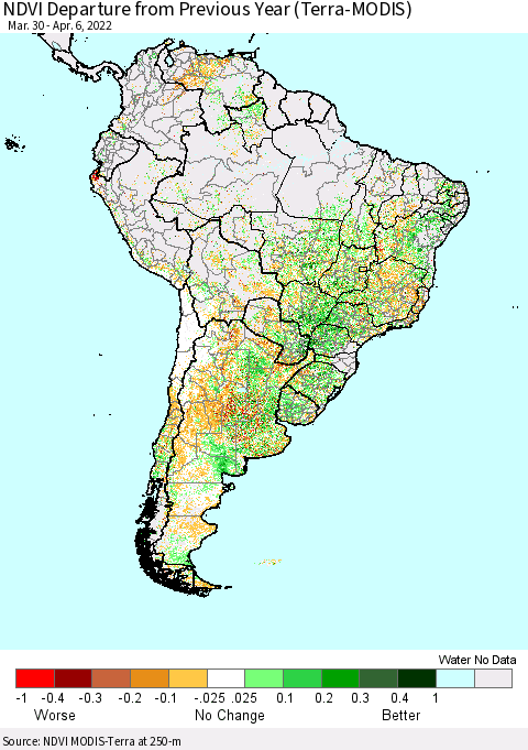 South America NDVI Departure from Previous Year (Terra-MODIS) Thematic Map For 3/30/2022 - 4/6/2022