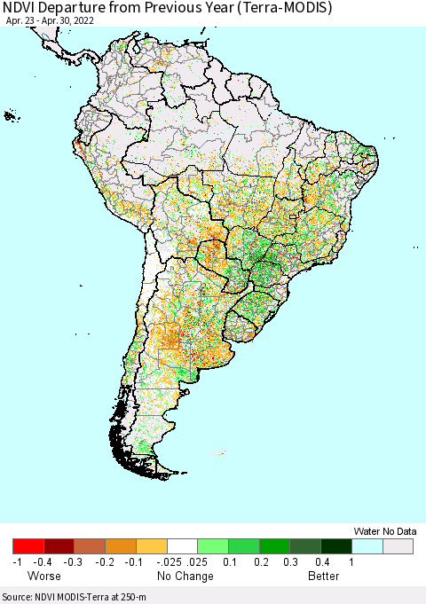 South America NDVI Departure from Previous Year (Terra-MODIS) Thematic Map For 4/23/2022 - 4/30/2022