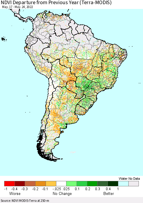 South America NDVI Departure from Previous Year (Terra-MODIS) Thematic Map For 5/17/2022 - 5/24/2022