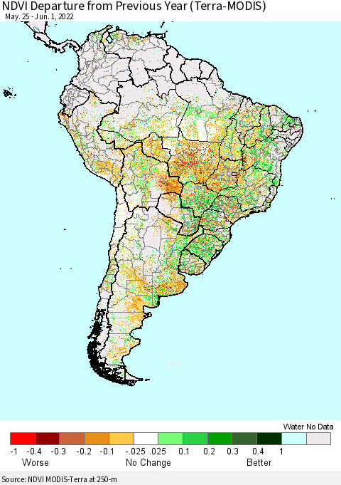 South America NDVI Departure from Previous Year (Terra-MODIS) Thematic Map For 5/25/2022 - 6/1/2022