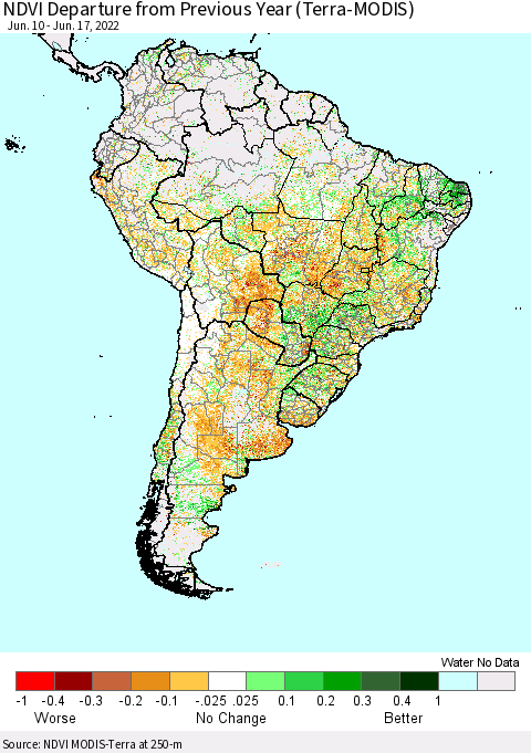 South America NDVI Departure from Previous Year (Terra-MODIS) Thematic Map For 6/10/2022 - 6/17/2022