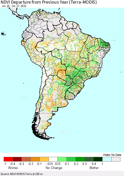 South America NDVI Departure from Previous Year (Terra-MODIS) Thematic Map For 7/20/2022 - 7/27/2022