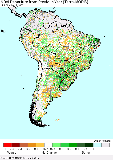 South America NDVI Departure from Previous Year (Terra-MODIS) Thematic Map For 7/28/2022 - 8/4/2022