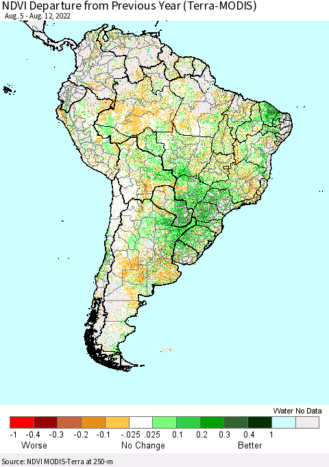 South America NDVI Departure from Previous Year (Terra-MODIS) Thematic Map For 8/5/2022 - 8/12/2022