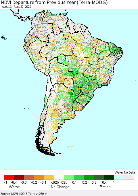 South America NDVI Departure from Previous Year (Terra-MODIS) Thematic Map For 8/13/2022 - 8/20/2022