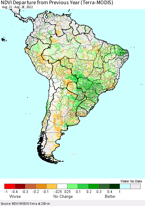 South America NDVI Departure from Previous Year (Terra-MODIS) Thematic Map For 8/21/2022 - 8/28/2022