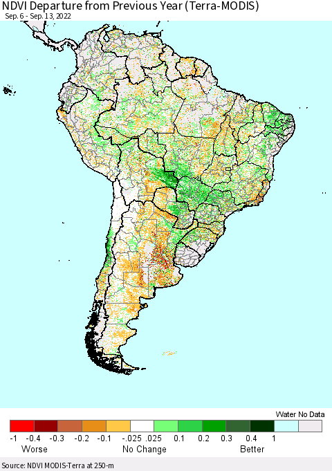 South America NDVI Departure from Previous Year (Terra-MODIS) Thematic Map For 9/6/2022 - 9/13/2022
