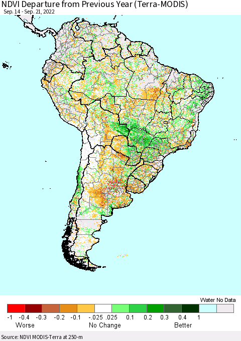 South America NDVI Departure from Previous Year (Terra-MODIS) Thematic Map For 9/14/2022 - 9/21/2022