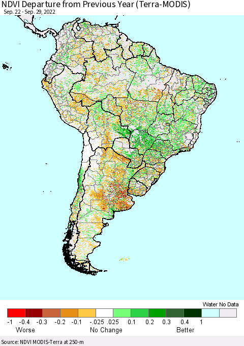 South America NDVI Departure from Previous Year (Terra-MODIS) Thematic Map For 9/22/2022 - 9/29/2022