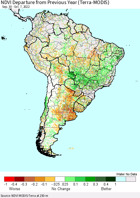 South America NDVI Departure from Previous Year (Terra-MODIS) Thematic Map For 9/30/2022 - 10/7/2022