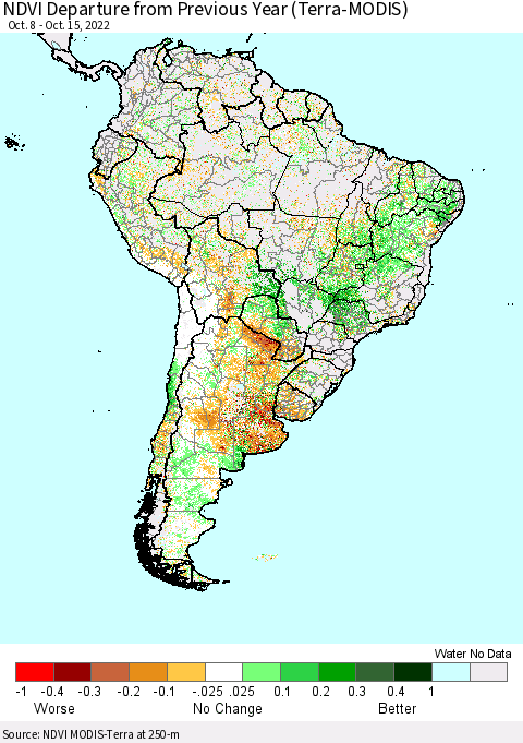 South America NDVI Departure from Previous Year (Terra-MODIS) Thematic Map For 10/8/2022 - 10/15/2022