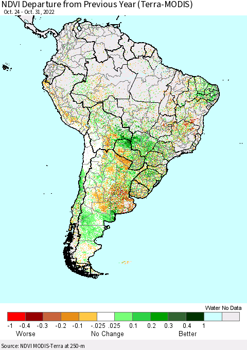 South America NDVI Departure from Previous Year (Terra-MODIS) Thematic Map For 10/24/2022 - 10/31/2022