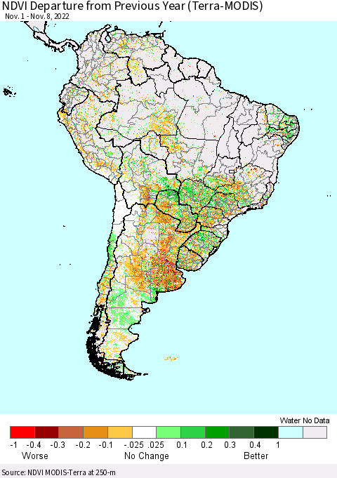 South America NDVI Departure from Previous Year (Terra-MODIS) Thematic Map For 11/1/2022 - 11/8/2022