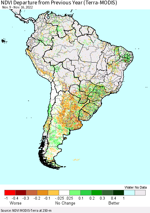 South America NDVI Departure from Previous Year (Terra-MODIS) Thematic Map For 11/9/2022 - 11/16/2022