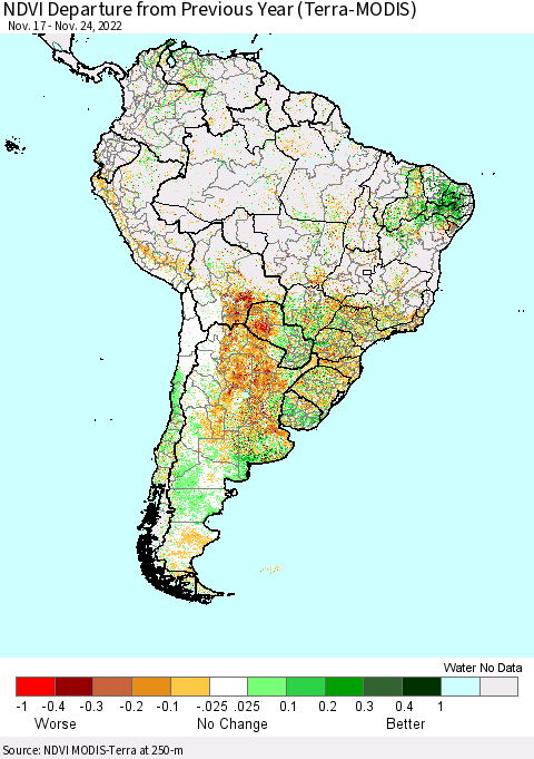 South America NDVI Departure from Previous Year (Terra-MODIS) Thematic Map For 11/17/2022 - 11/24/2022