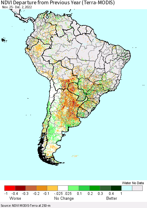 South America NDVI Departure from Previous Year (Terra-MODIS) Thematic Map For 11/25/2022 - 12/2/2022