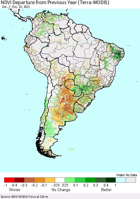 South America NDVI Departure from Previous Year (Terra-MODIS) Thematic Map For 12/3/2022 - 12/10/2022
