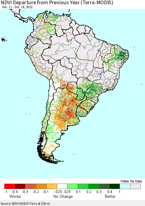 South America NDVI Departure from Previous Year (Terra-MODIS) Thematic Map For 12/11/2022 - 12/18/2022