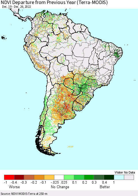 South America NDVI Departure from Previous Year (Terra-MODIS) Thematic Map For 12/19/2022 - 12/26/2022