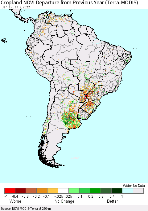 South America Cropland NDVI Departure from Previous Year (Terra-MODIS) Thematic Map For 1/1/2022 - 1/8/2022