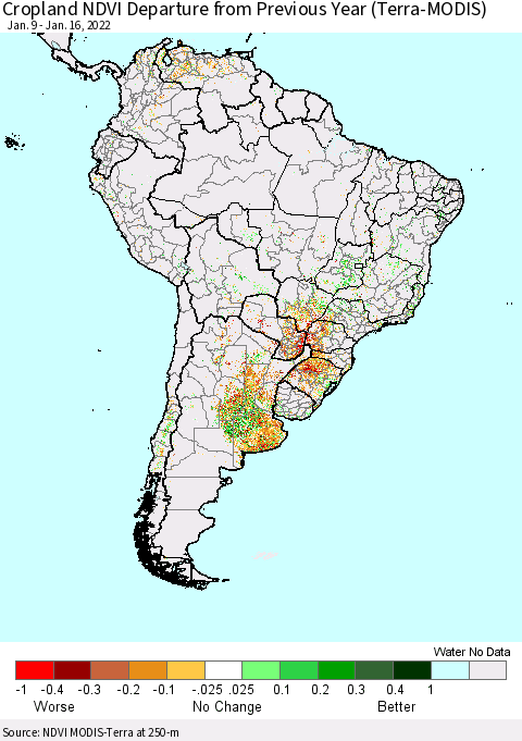 South America Cropland NDVI Departure from Previous Year (Terra-MODIS) Thematic Map For 1/9/2022 - 1/16/2022