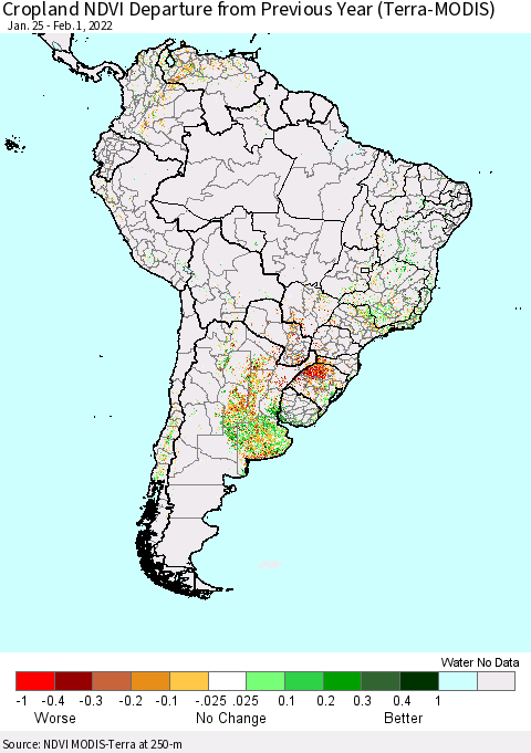 South America Cropland NDVI Departure from Previous Year (Terra-MODIS) Thematic Map For 1/25/2022 - 2/1/2022