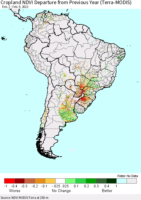 South America Cropland NDVI Departure from Previous Year (Terra-MODIS) Thematic Map For 2/2/2022 - 2/9/2022