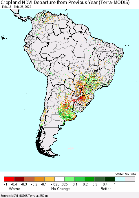 South America Cropland NDVI Departure from Previous Year (Terra-MODIS) Thematic Map For 2/18/2022 - 2/25/2022