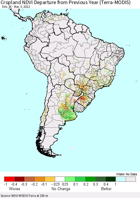 South America Cropland NDVI Departure from Previous Year (Terra-MODIS) Thematic Map For 2/26/2022 - 3/5/2022