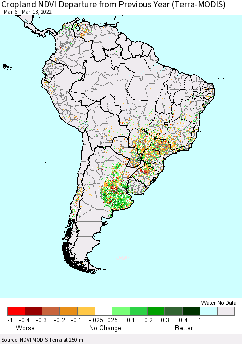 South America Cropland NDVI Departure from Previous Year (Terra-MODIS) Thematic Map For 3/6/2022 - 3/13/2022