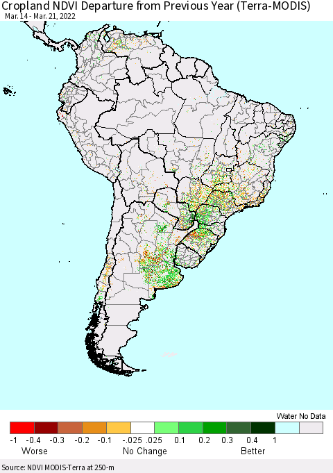 South America Cropland NDVI Departure from Previous Year (Terra-MODIS) Thematic Map For 3/14/2022 - 3/21/2022