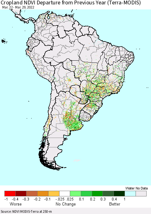 South America Cropland NDVI Departure from Previous Year (Terra-MODIS) Thematic Map For 3/22/2022 - 3/29/2022