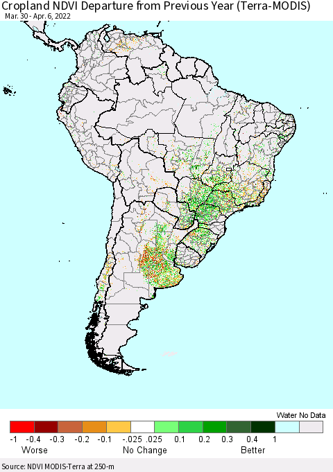 South America Cropland NDVI Departure from Previous Year (Terra-MODIS) Thematic Map For 3/30/2022 - 4/6/2022