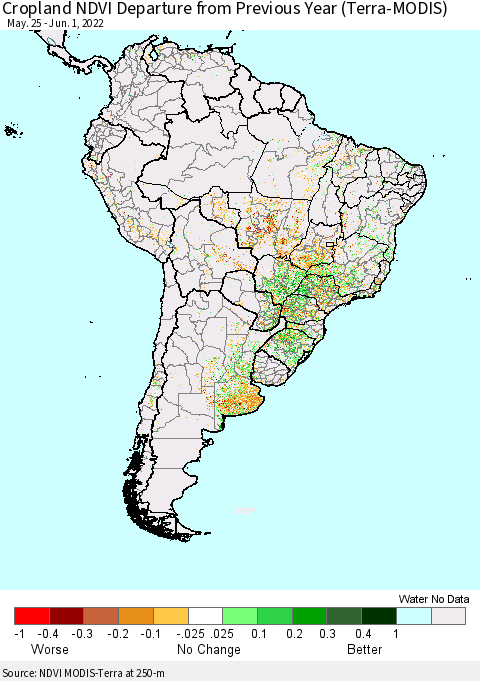 South America Cropland NDVI Departure from Previous Year (Terra-MODIS) Thematic Map For 5/25/2022 - 6/1/2022