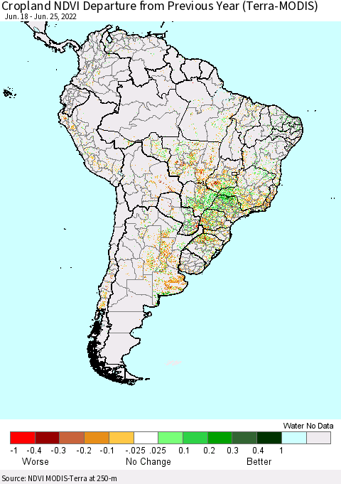 South America Cropland NDVI Departure from Previous Year (Terra-MODIS) Thematic Map For 6/18/2022 - 6/25/2022
